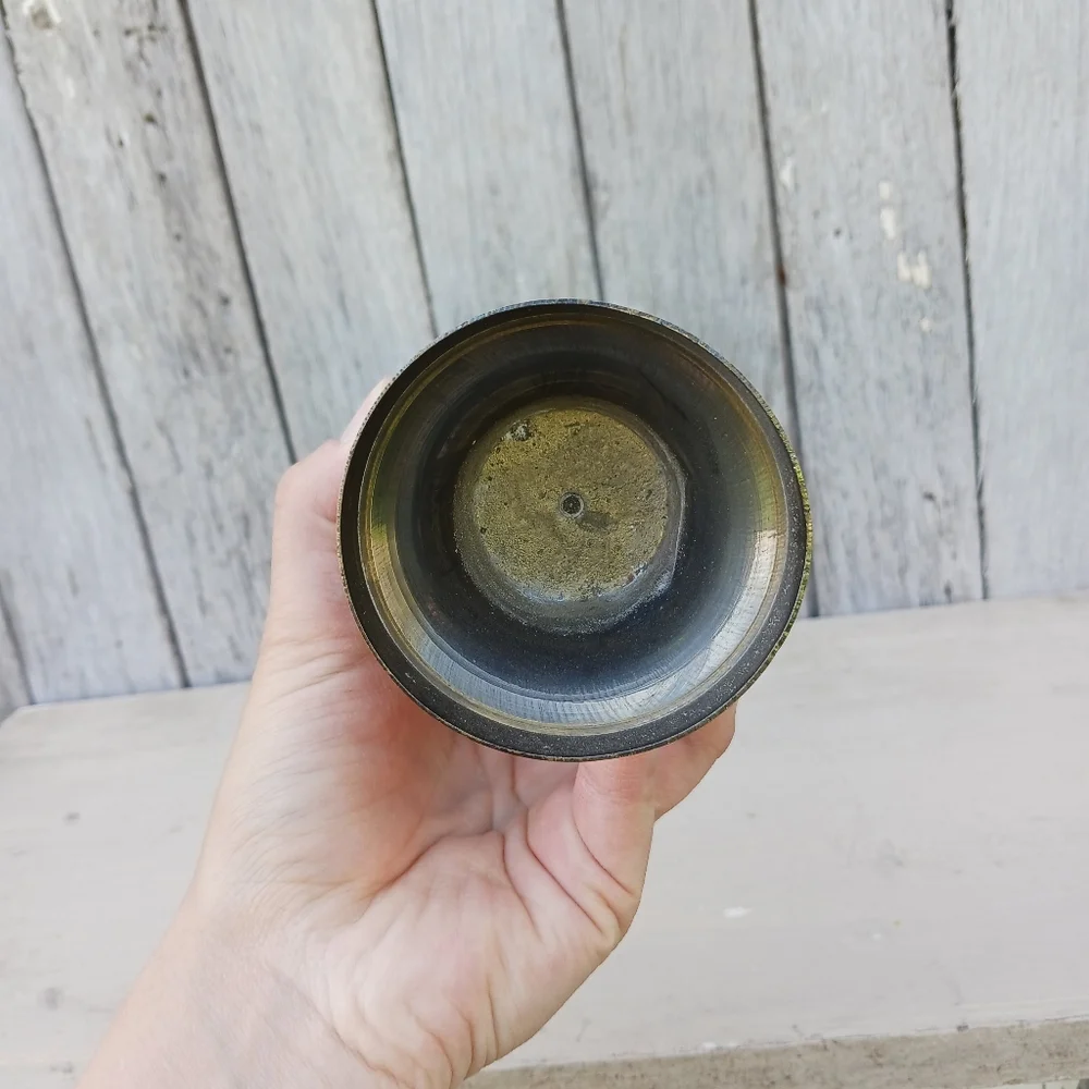 Vtg MCM Indian Brass Metal Fluted Footed Vase Black Patina Etched Floral Pattern